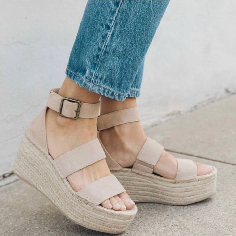 Soludos Palma espadrille suede Platform Sandal ankle strap beige SZ 7.5 open toe